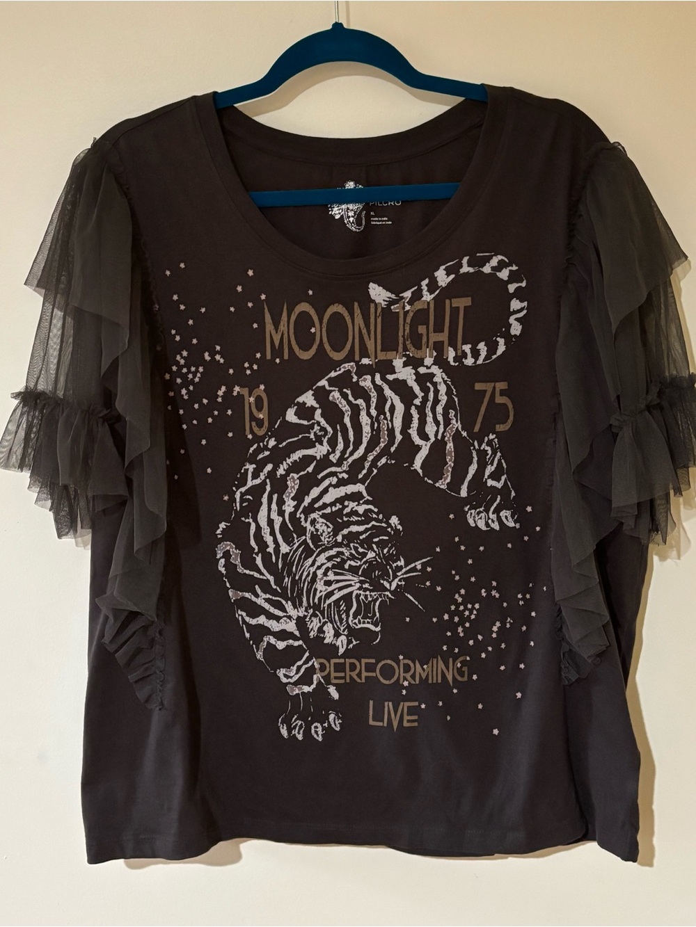 Anthropologie PILCRO mesh sleeve TULLE graphic tee GRAY 1975 tiger SIZE XL - Picture 5 of 8